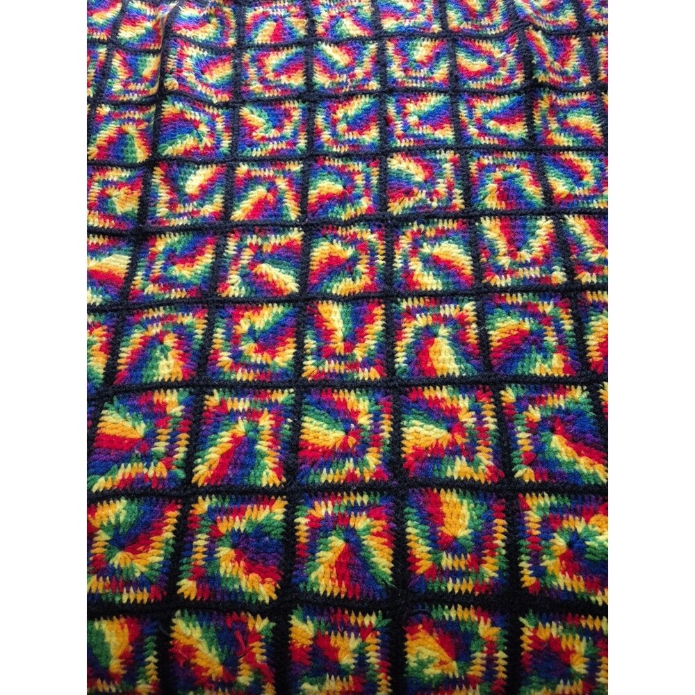 Granny Square Blanket Afghan Black Multicolor 45" X 75" Vintage Retro Roseanne
